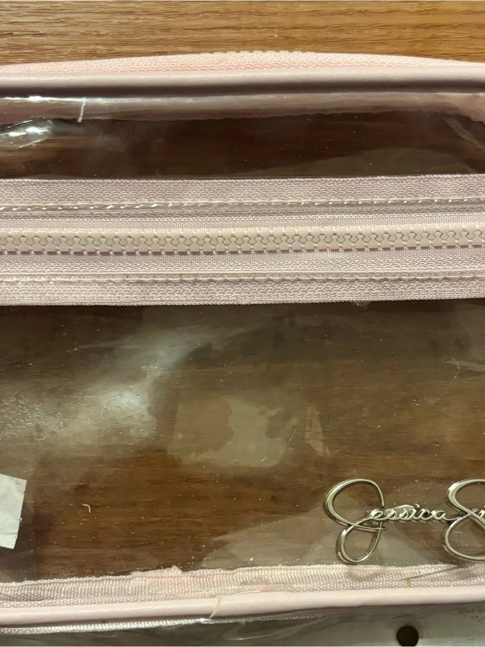 Jessica Simpson Pink Clear Cosmetic Pouch Metal Brand Logo Like New Condition